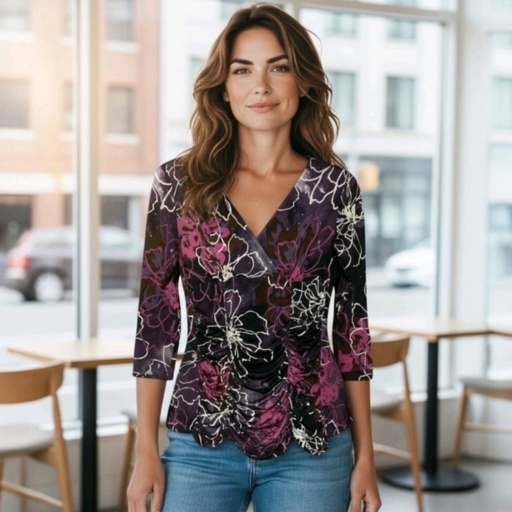 Sz M INC Y2K Floral Babydoll Ruched Purple Top